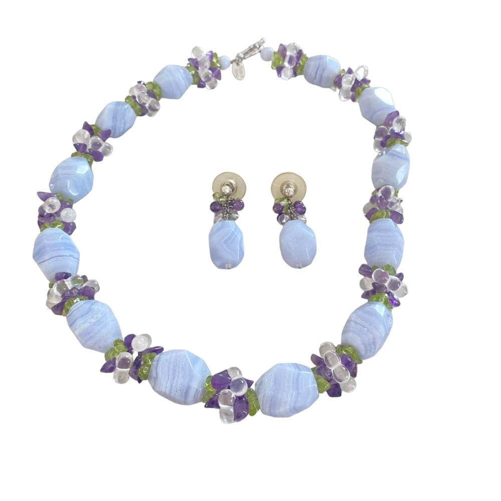 Vintage Lace Agate, Peridot, Amethyst, Crystal necklace & Earrings sterling set